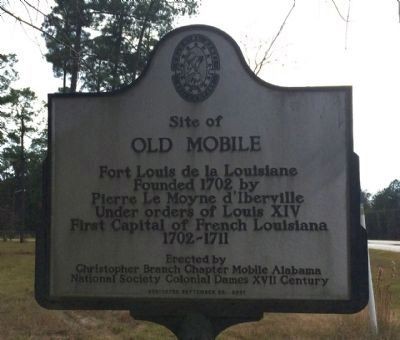 The Site of Old Mobile historical marker. The other side is in French.