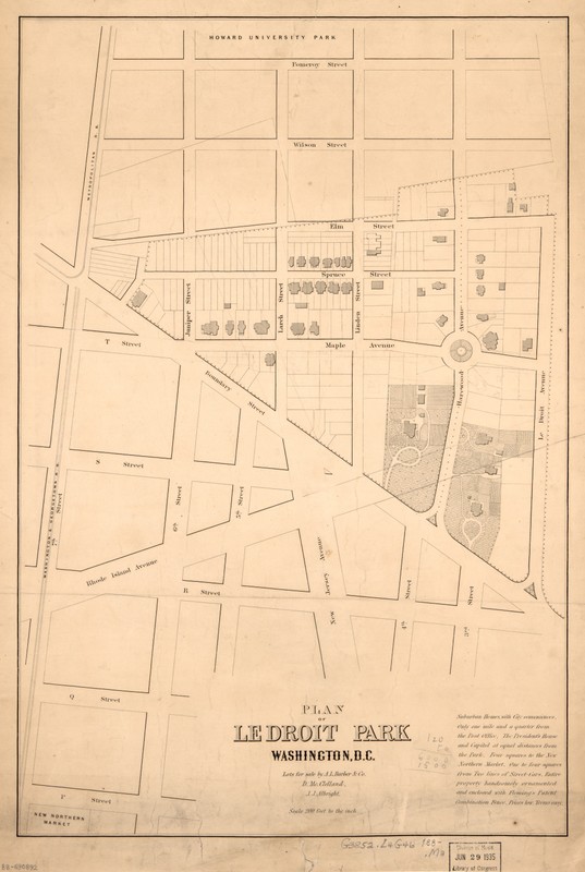 (1880) Map of LeDroit Park. Image courtesy of Library of Congress - http://ghostsofdc.org/image/zoom/rare-1880-plan-ledroit-park/17116/view.jpg, Public Domain, https://en.wikipedia.org/w/index.php?curid=47658431