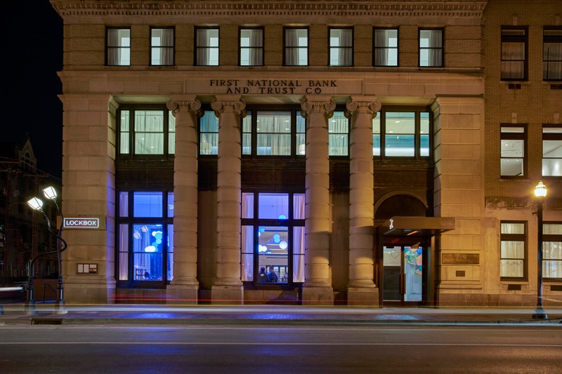 The First National Bank Building has been remodeled and is now the 21c Museum Hotel and features a restaurant, bar and lots of permanent and traveling art collections. 