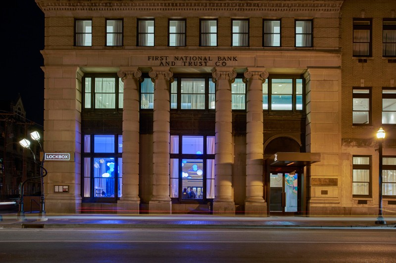 The First National Bank Building has been remodeled and is now the 21c Museum Hotel and features a restaurant, bar and lots of permanent and traveling art collections.