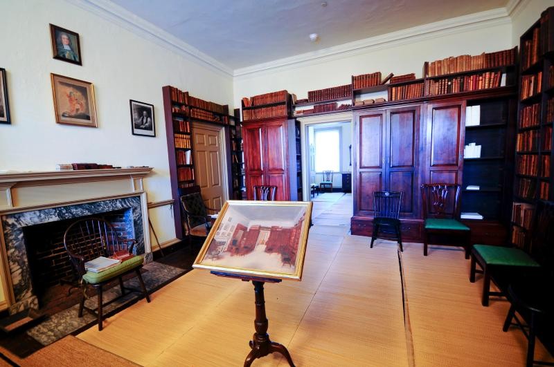 The Bishop's study as it looked in the late 18th century with the painting that depicts it. Much of his library resides with the Divinity School of the Protestant Episcopal Church.
