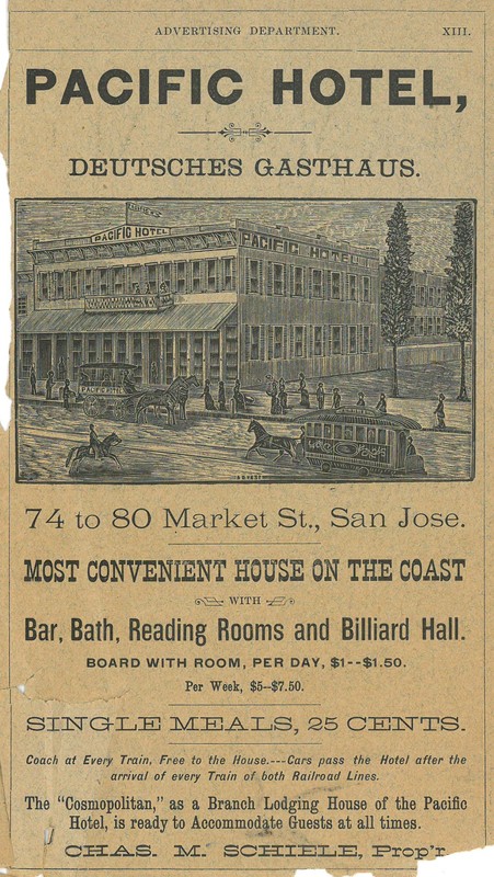 Historic advertisement for the original Pacific Hotel (image from History San Jose)