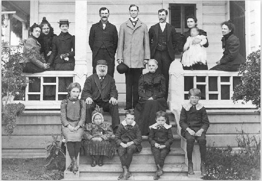 The Warburton family circa 1900 (Dr. and Catherine Warburton seated on top step) (image from History San Jose)
