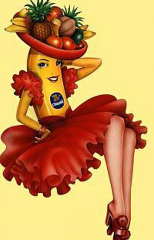 This Chiquita brand logo was created in 1943 by mixing the company's product with a caricature that was based on Carmen Miranda, a popular salsa dancer who was not consulted or compensated for using her likeness. 