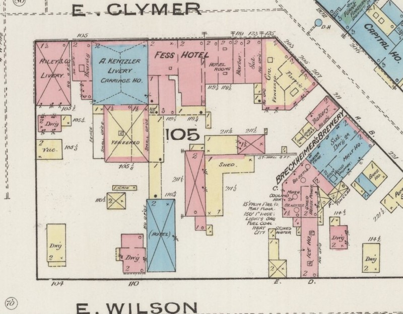 Fess Hotel and outbuildings on 1885 Sanborn map of Madison (p. 3)