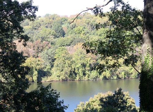 The view of the Schuylkill River from the grounds of Laurel Hill.