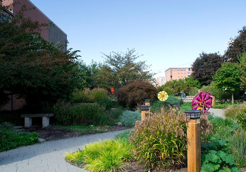 The garden outside the museum is connected to the B-Line Trail.