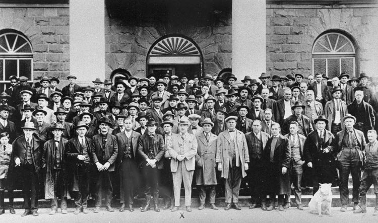 This photo was taken outside the Logan County Courthouse. Pictured at the front and center is Sheriff Don Chafin and his deputies. With a force this size, it is easy to see how difficult it was for union organizers in the area.
Source: wvculture.org