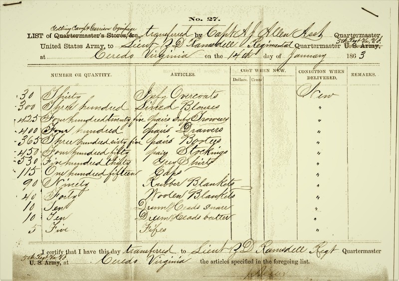 As quartermaster, Z. D. Ramsdell was in charge of acquiring supplies for the 5th West Virginia. In this document Ramsdell is submitting an order for, among other things, forty woolen blankets and five fifes. 