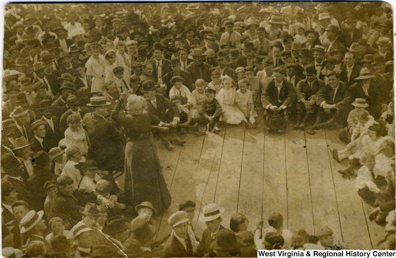 Mother Jones speaking to a gathering in 1912 in Montgomery, West Virginia.  Photo courtesy of the West Virginia and Regional History Center, WVU Libraries.