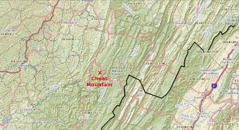 Map showing location of Cheat Mountain in West Virginia