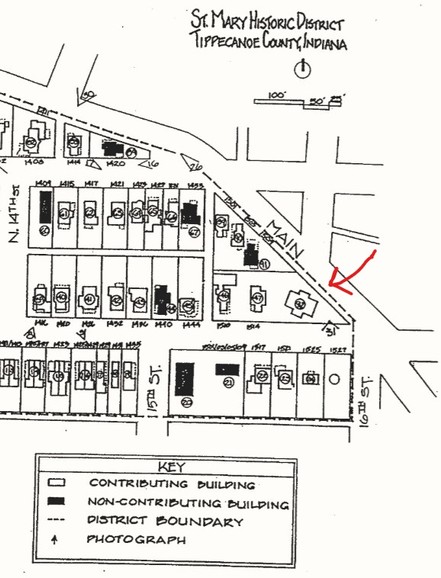 5 Points Fire Station Museum (red arrow) at east edge of map of St. Mary H. D. (Reid and Bowen 2000)