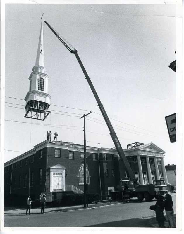 The installation of the church's well-known steeple. Courtesy of the Kenova Historical Commission. 