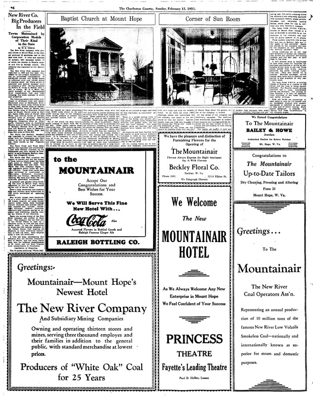 This is part of a special section of the Charleston Gazette that featured all the amenities of the town of Mount Hope offered travelers to the area.  