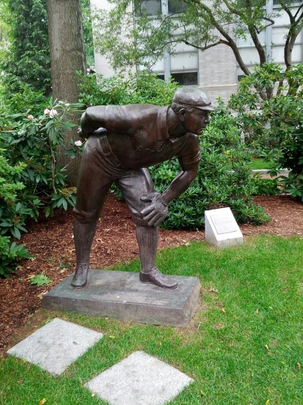 The statue was erected in 1993 on the spot of the former pitcher’s mound in the First World Series. The short roadway that runs adjacent to the memorial is called “World Series Way.”