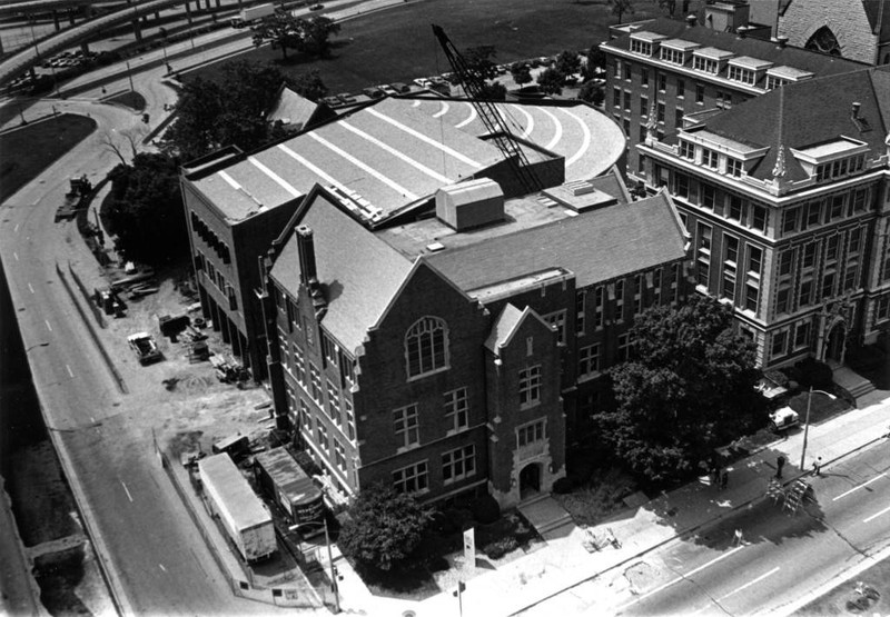 Another aerial shot of Sensenbrenner Hall showing the ongoing renovation to the Legal Research Center, circa 1982.