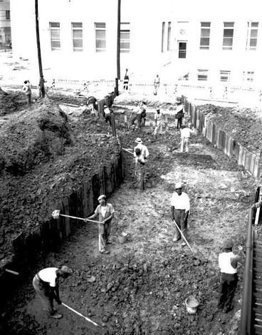 Tunnel and Foundation of the New Charity Hospital: WPA workers laying the foundation and making the tunnel on LaSalle Street. 
Courtesy of Louisiana Division/City Archives, New Orleans Public Library