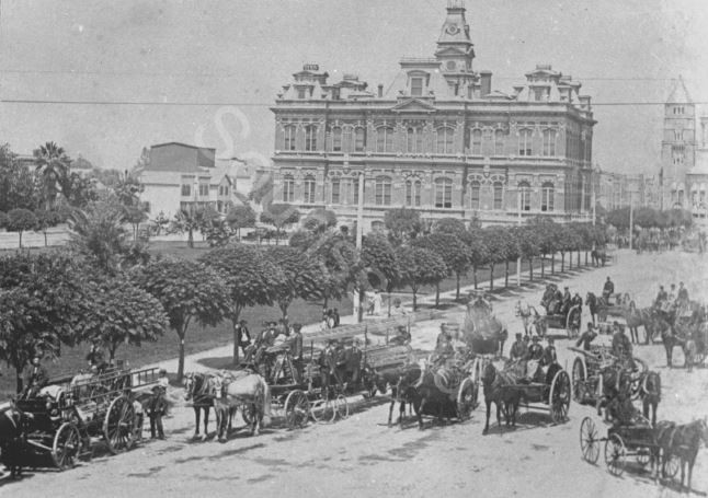 The 1876 professional Fire Department of San Jose with City Hall behind them (image from Sourisseau Academy)