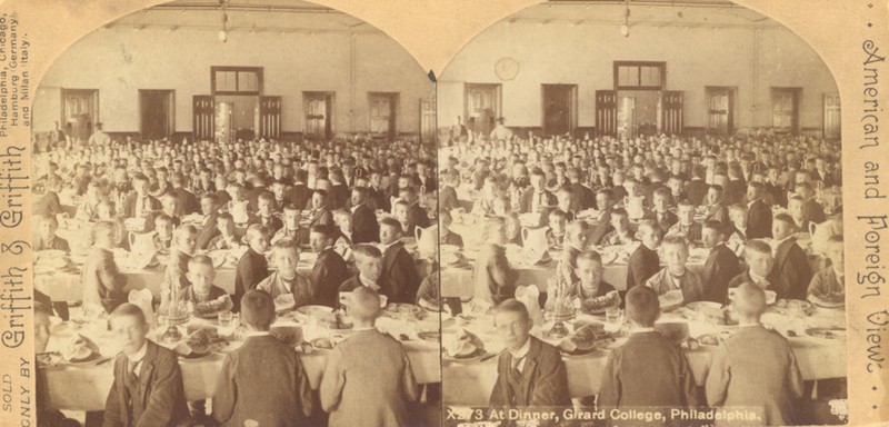 Stereograph of students seated at dining tables in Lafayette’s dining hall.