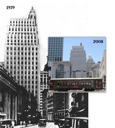 2 overlapped photos comparing the National American Bank Building and New Orlean's skyline in 1929 and 2008