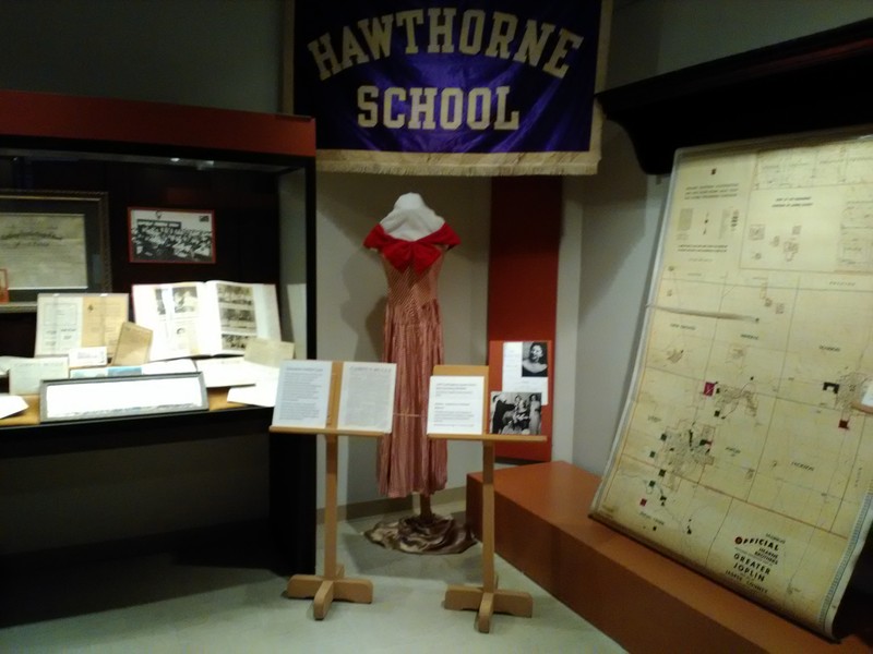 2017 Display of Carthage, Missouri, public schools within the larger 175th Anniversary of Carthage 2017 exhibit. The purple banner is from the former Hawthorne School located on West Central Avenue.