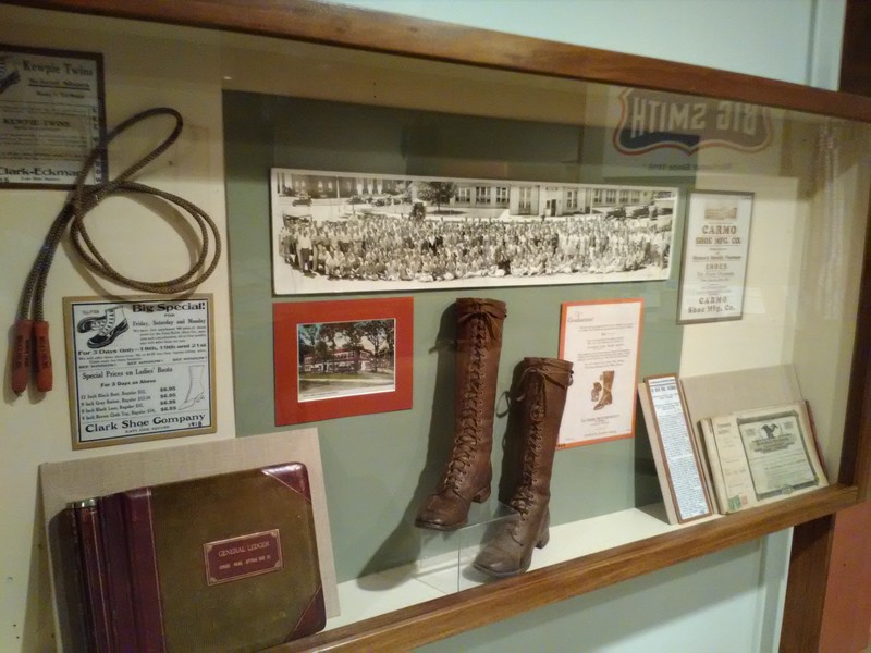 2017  Carthage, Missouri, had a large shoe manufacturing industry in the 1910-30s. Today only one manufacturer remains (Justin Boots). This display showed products, advertising, photos and ledgers of some of the earlier shoe factories.