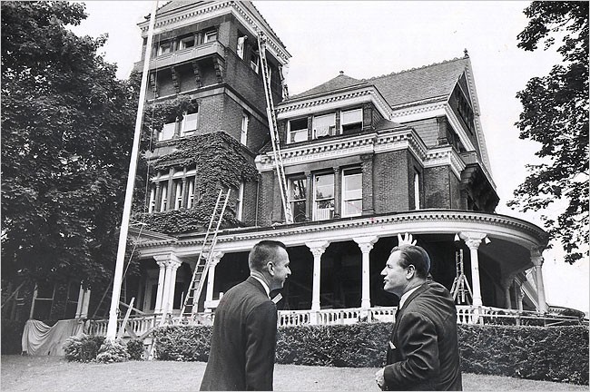 Governor Nelson Rockefeller (right) and Lt. Gov. Malcolm Wilson oversee the renovations of the mansion after the 1961 fire.