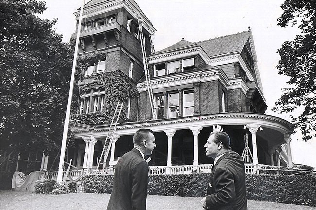 Governor Nelson Rockefeller (right) and Lt. Gov. Malcolm Wilson oversee the renovations of the mansion after the 1961 fire.  