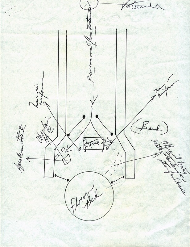 Hand-drawn plans for a commemoration ceremony to be held at the Hans C. Heg statue at the Wisconsin State Capitol, Madison, 1963. The pans include notations for the rotunda, statue, walkway and flower bed, as well as placement for the band, speakers and military servicemembers. 