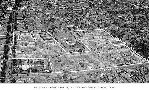 1950s-1960s aerial view with overlay depicting the Magnolia Projects 