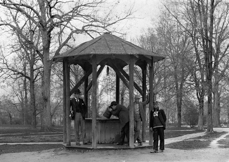 Old Well c. 1892: the only known image of the well as a simple wooden structure (source: Kemp Plummer Battle Photograph Album of the University of North Carolina, #P0100, North Carolina Collection Photographic Archives, Wilson Library)