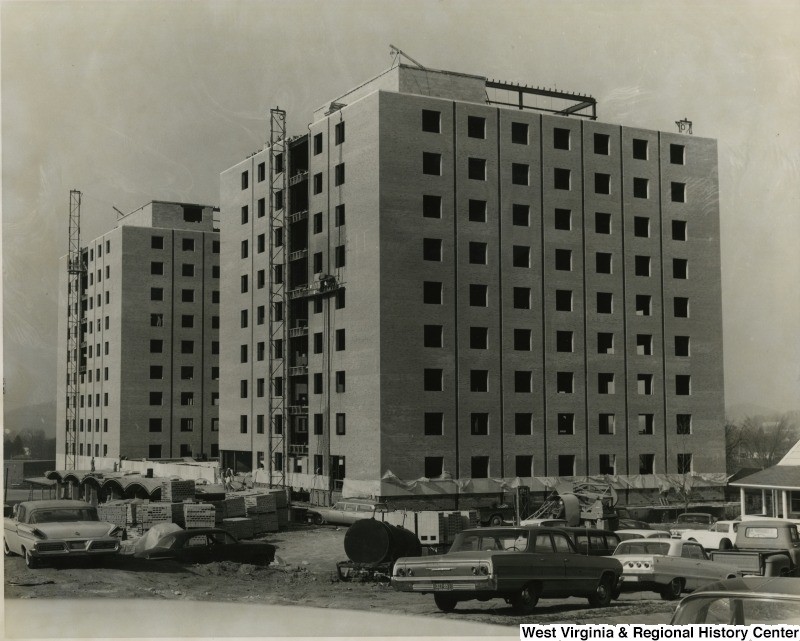 Two of the Towers dormitory buildings under construction, early 1960s.  Photo courtesy of the West Virginia and Regional History Center, WVU Libraries.