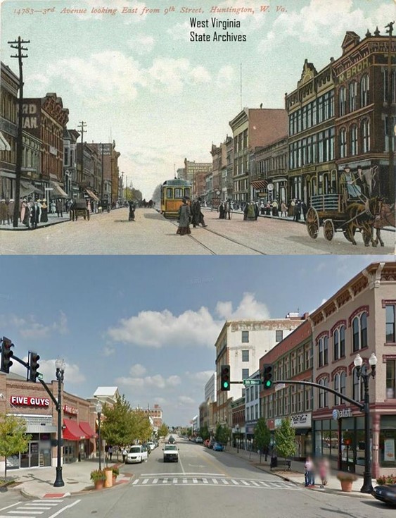 Then and now. The block still serves as a major area for retail and dining. Image donated by Touma Real Estate Holdings.