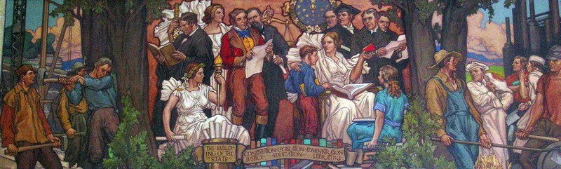 One of the murals within the library painted by J. Scott Williams,  This one is entitled "The Building of the State."