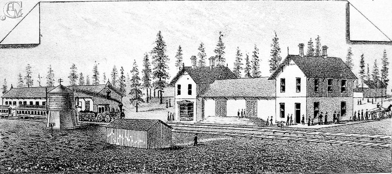1884 drawing depicting the depot, at right, and the Northern Pacific Railway freight depot on the left.