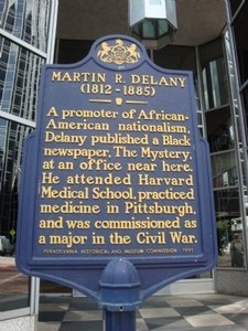 Historical marker indicating the approximate location of the office of Martin R. Delany's newspaper The Mystery.