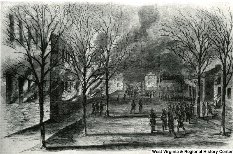 The burning of Harpers Ferry Armory in 1861. Courtesy of West Virginia and Regional History Center, WVU Libraries. 