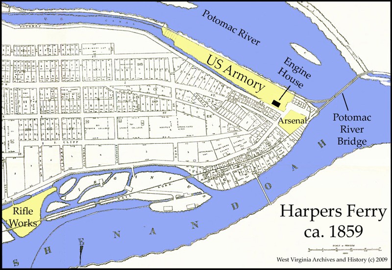 This map depicts the location of the Harpers Ferry Armory, as well as the arsenal and rifle works. Image obtained from the West Virginia Division of Culture and History.