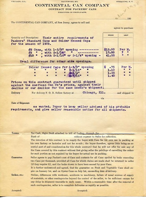 Document from 1908 of the contract and requirements of Packers’ Cans during 1909.
