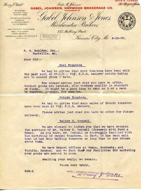 Letter from H.B. McAfee describing the sales of tomatoes at the college and acquiring Walter D. Oechsli, an expert in marketing canned tomatoes.
