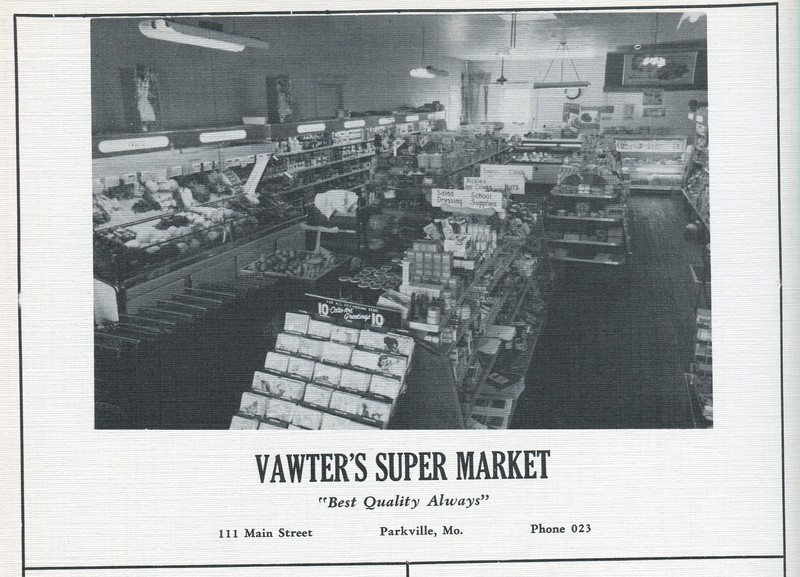 A look inside Vawter's Super Market, featuring aisles of groceries. An advertisement in the 1953 edition of the Narva, the Park College year book.