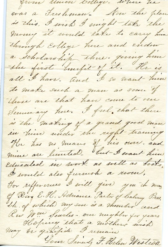 Page two of a letter from Helen Westcott to the Trustees of Park College regarding her husband Edwin R. Westcott’s death and her wish to put aside money for her son to attend Park. December 31, 1894
