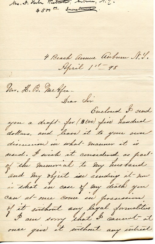 Page one of a letter from Helen Westcott to H. B. McAfee regarding the money she’s sending and her thankfulness for Park’s work. April 1, 1898 
