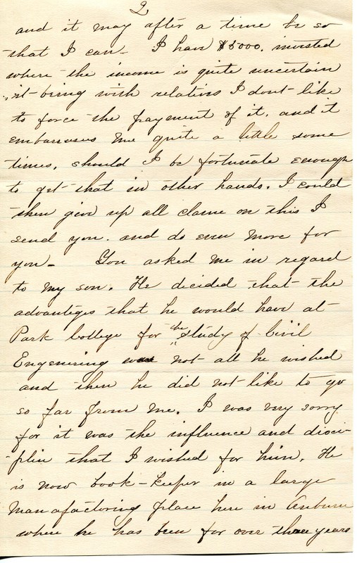 Page two of a letter from Helen Westcott to H. B. McAfee regarding the money she’s sending and her thankfulness for Park’s work. April 1, 1898 
