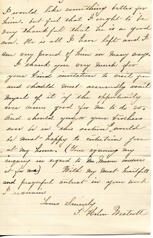 Page three of a letter from Helen Westcott to H. B. McAfee regarding the money she’s sending and her thankfulness for Park’s work. April 1, 1898 
