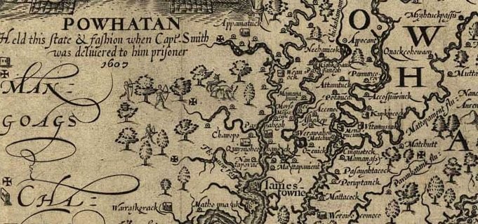 Detail from John Smith's map of Virginia showing the Appamattuck town, image courtesy of the Library of Virginia.