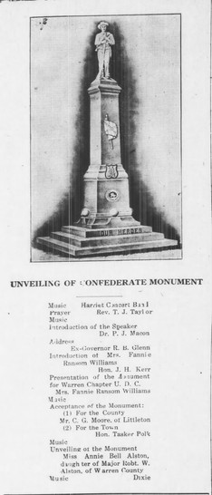 "Unveiling of Confederate Monument," in the Warren Record, 24 October 1913.