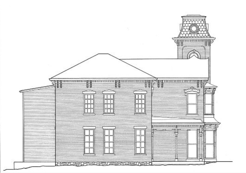 Drawing of west side of Ward House in 1982 HABS study by Ball State U.