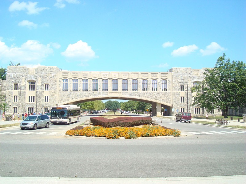 (2011) Torgersen Bridge connects Torgersen Hall and Newman Library; image by PumpkinSky - PumpkinSky, CC BY-SA 3.0, https://commons.wikimedia.org/w/index.php?curid=19409393