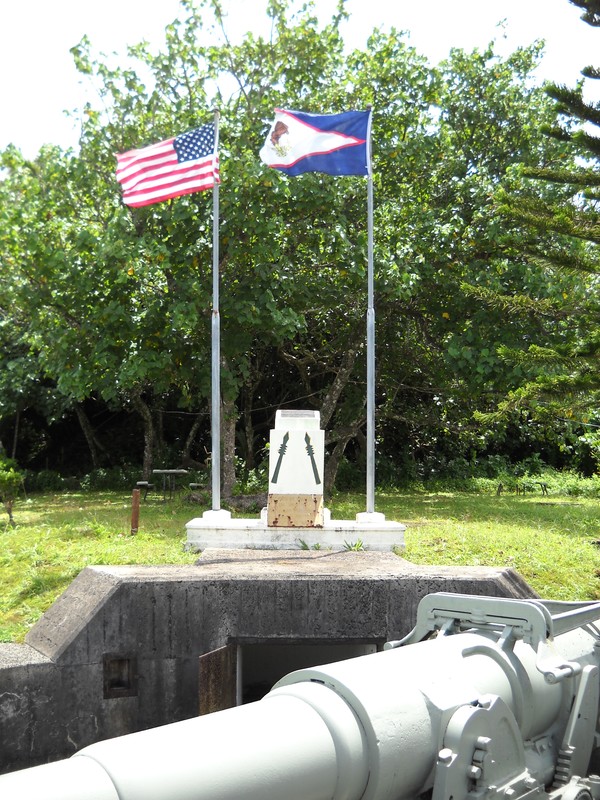 View of the US Flag and the Flag of American Samoa in the background of the gun picture